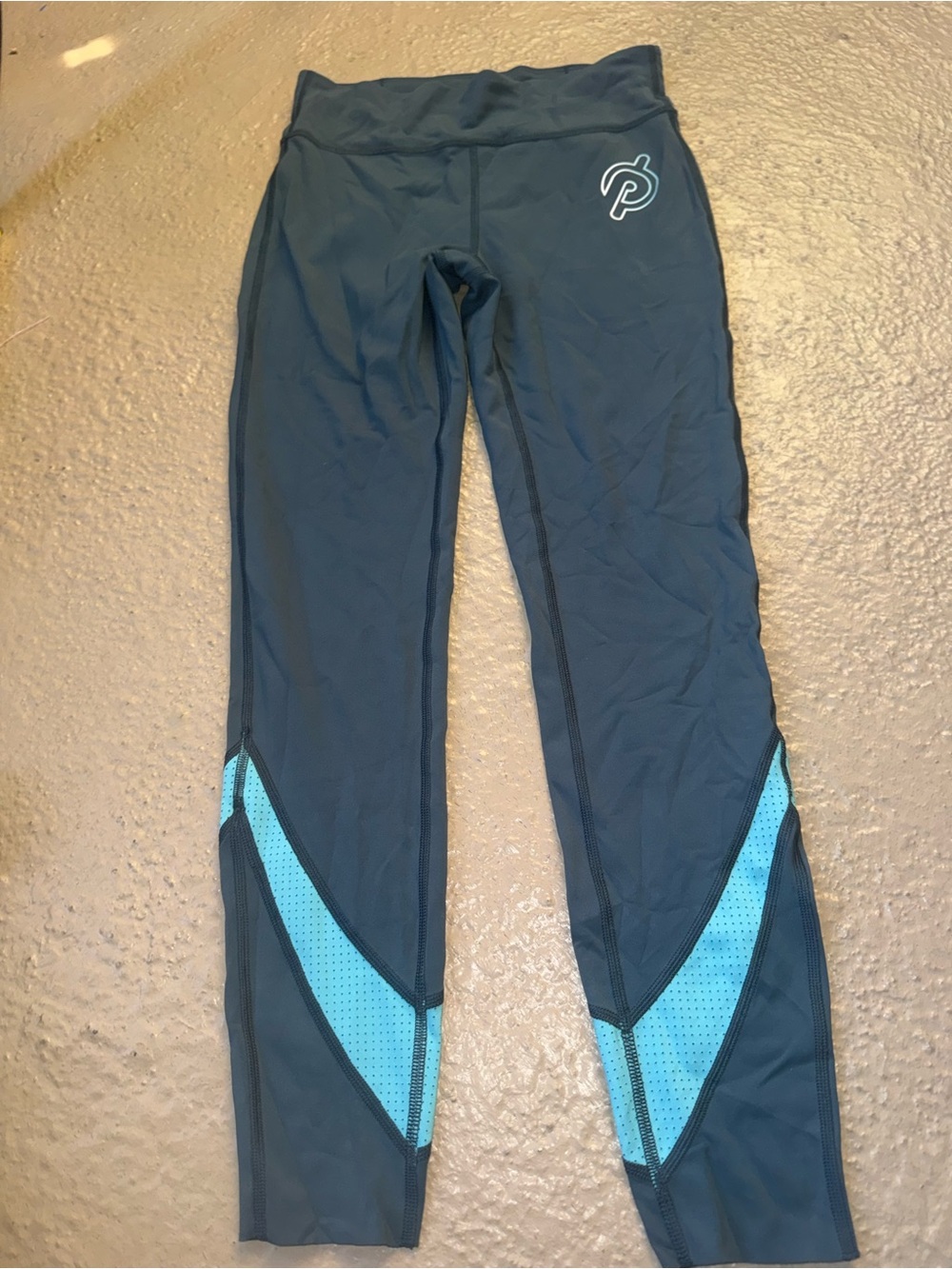 Peloton Blue Leggings with Teal Mesh Inset